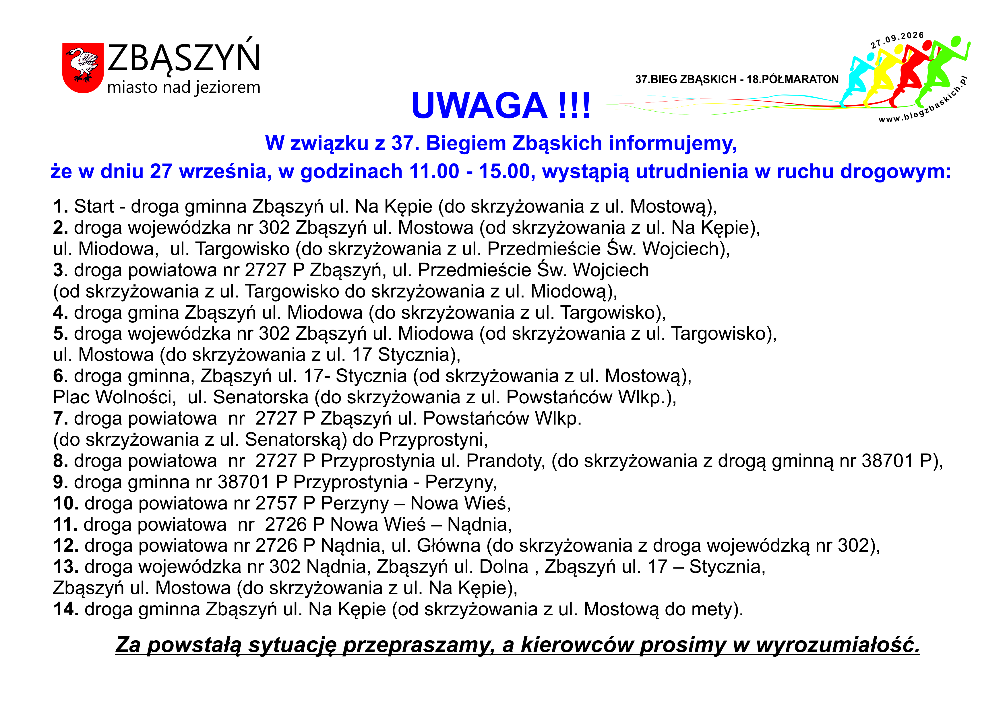 Kierowcy, uwaga! Bieg Zbąskich oznacza duże utrudnienia. Sprawdź, gdzie będzie problem z przejazdem